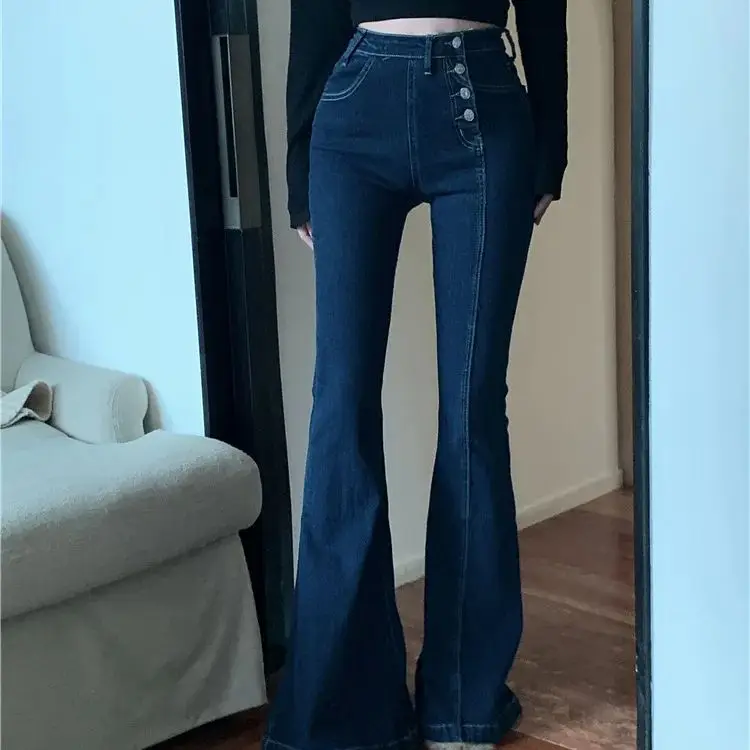 

Hsa 2023 Autumn/Winter New High Waist Breasted Slim Fit Micro Flared Jeans Button Up Chic Y2K Denim Pants