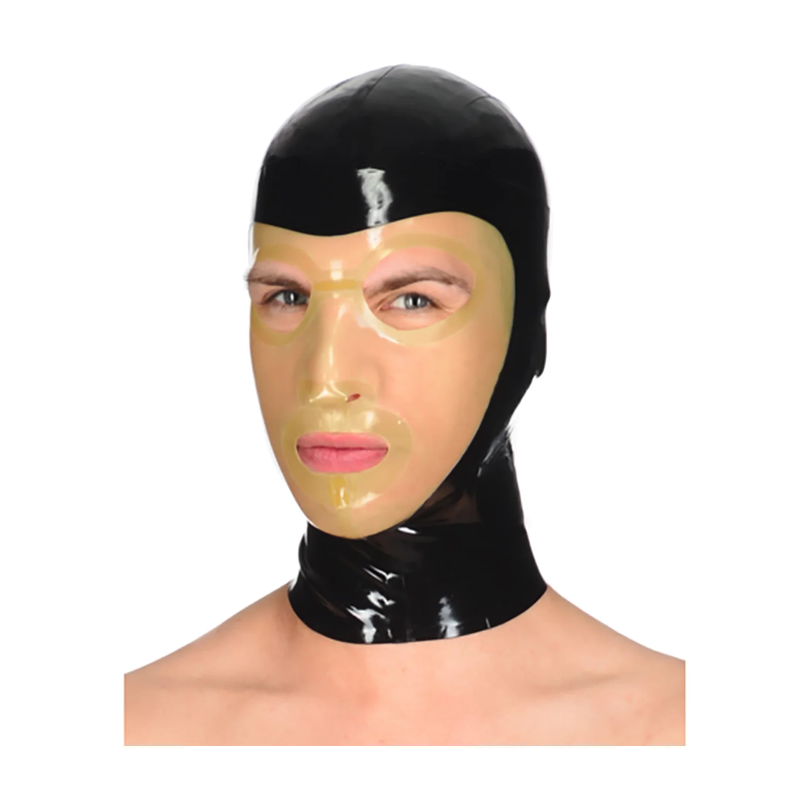 

MONNIK Full Cover Latex Hood Funny Mask Open Eyes&Mouth Black&Transparent with Rear Zipper Handmade for Catsuit Party Cosplay
