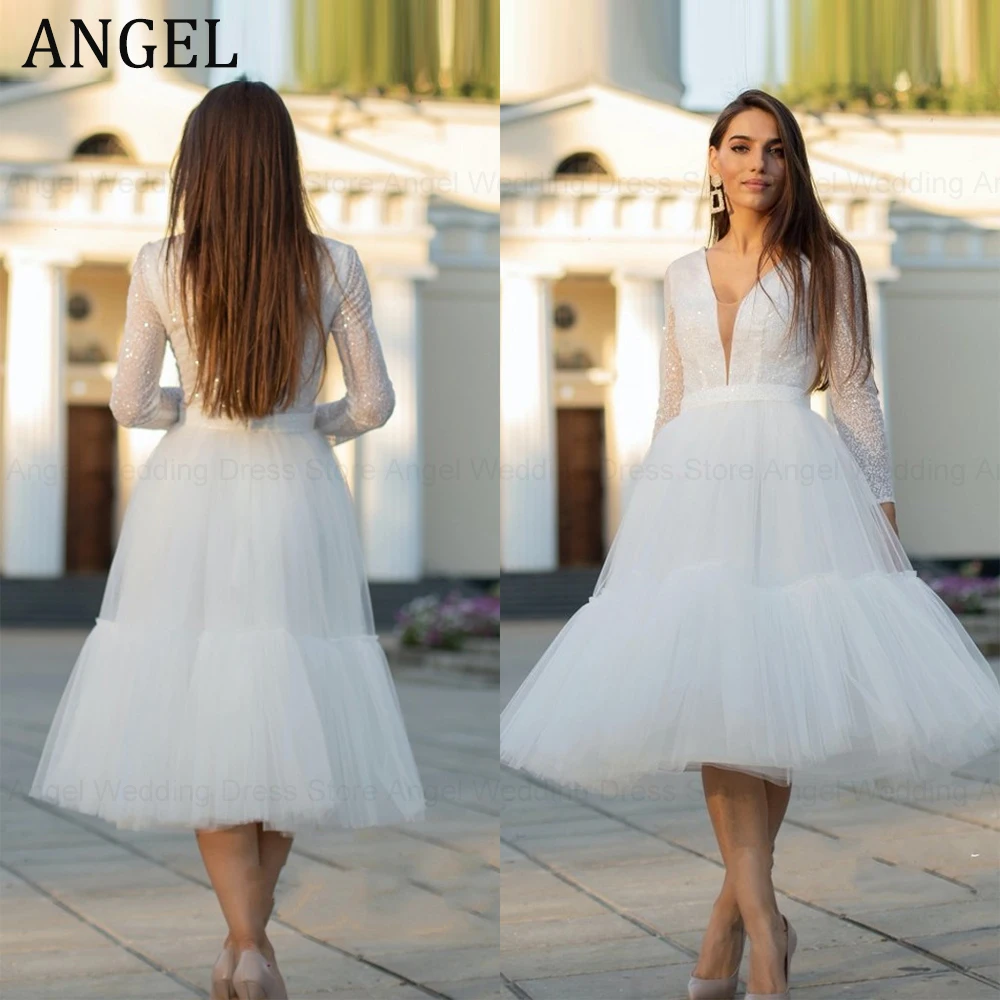 

ANGEL Boho Short Wedding Dresses For Women Tulle V-Neck Mini A-Line Vestidos De Novia Lace Long Sleeves Beach Bridal Gowns