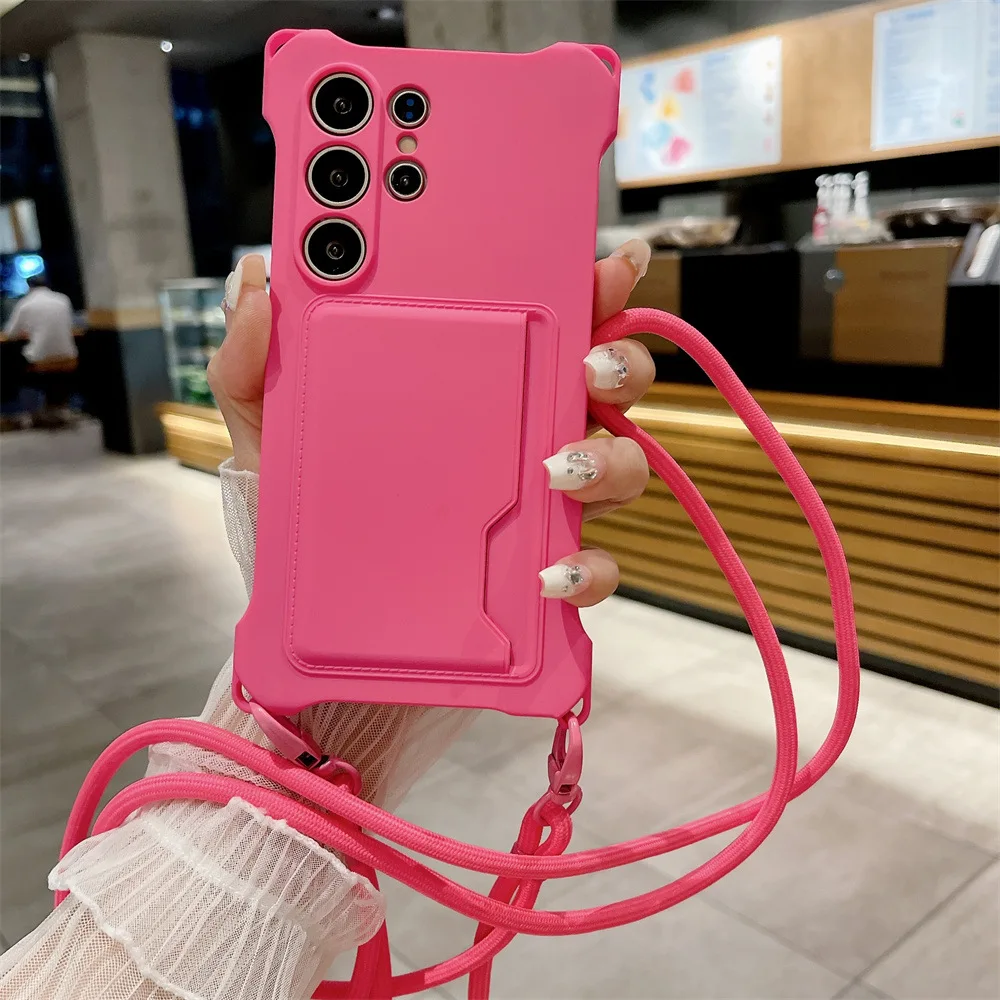 Soft Silicone Phone Case with Card Holder and Lanyard - Shockproof Protection Cover