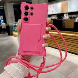 Soft Silicone Phone Case with Card Holder and Lanyard - Shockproof Protection Cover - Galaxy S23 Ultra (Rose)