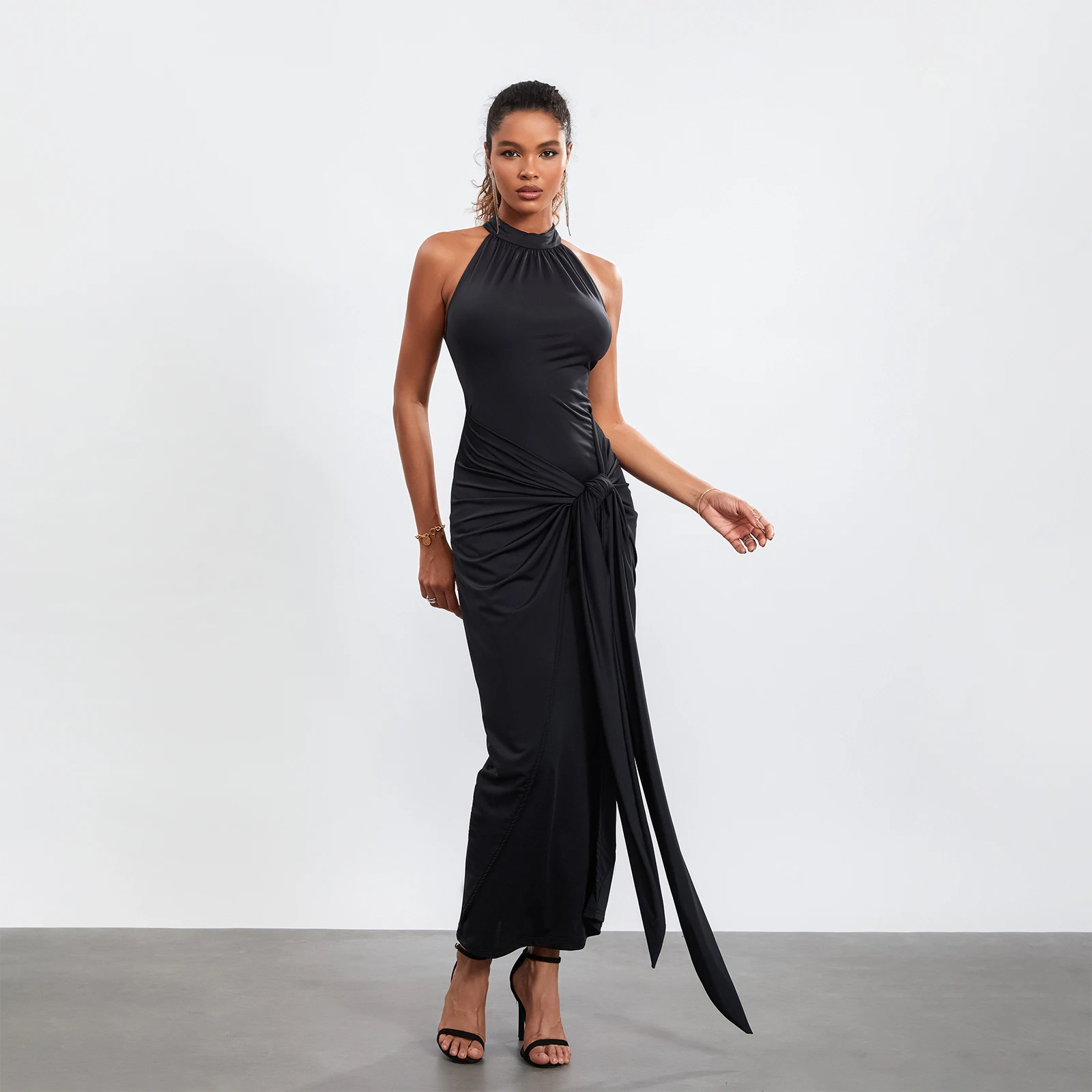 

Women's Solid Color Twist Front Party Dress Sleeveless Mock Neck Lace-up Bodycon Midi Dress Evening Gown