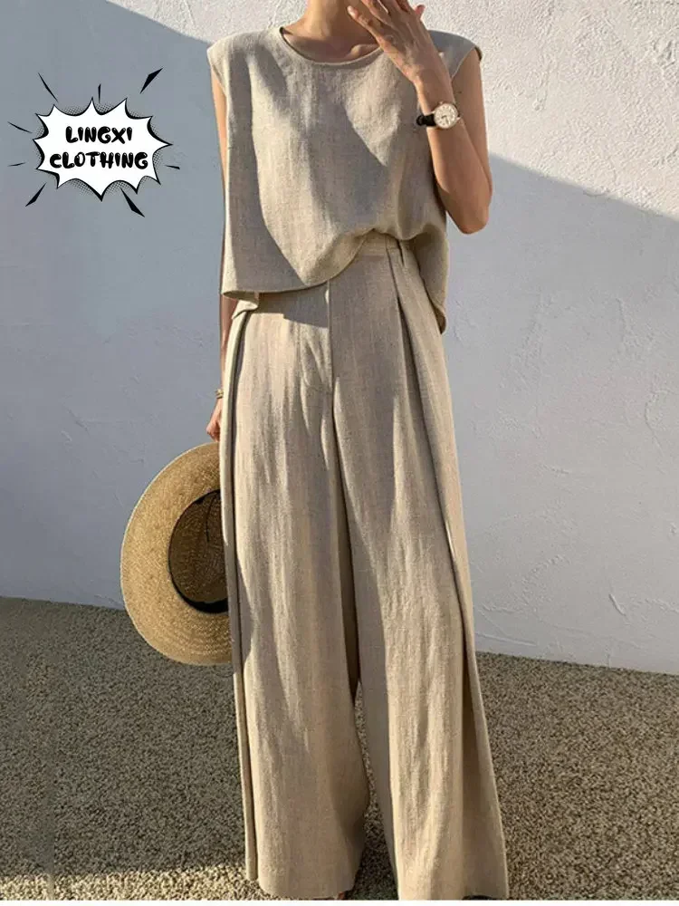 2024 Spring and Summer New Cotton and Linen Fashion Casual Loose Two-piece Sleeveless Top Loose Wide-leg Pants Ladies Pants Sets