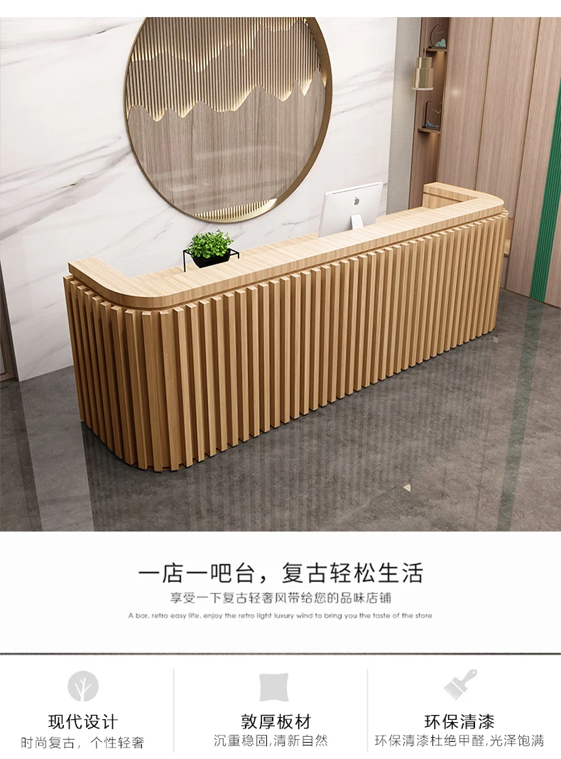 Description Picture 6 of itemStorefront Desk Reception Offices Wooden Pulpit Podium Standing Reception Counter Stainless Ufficio Tavolo Lusso Salon Furniture