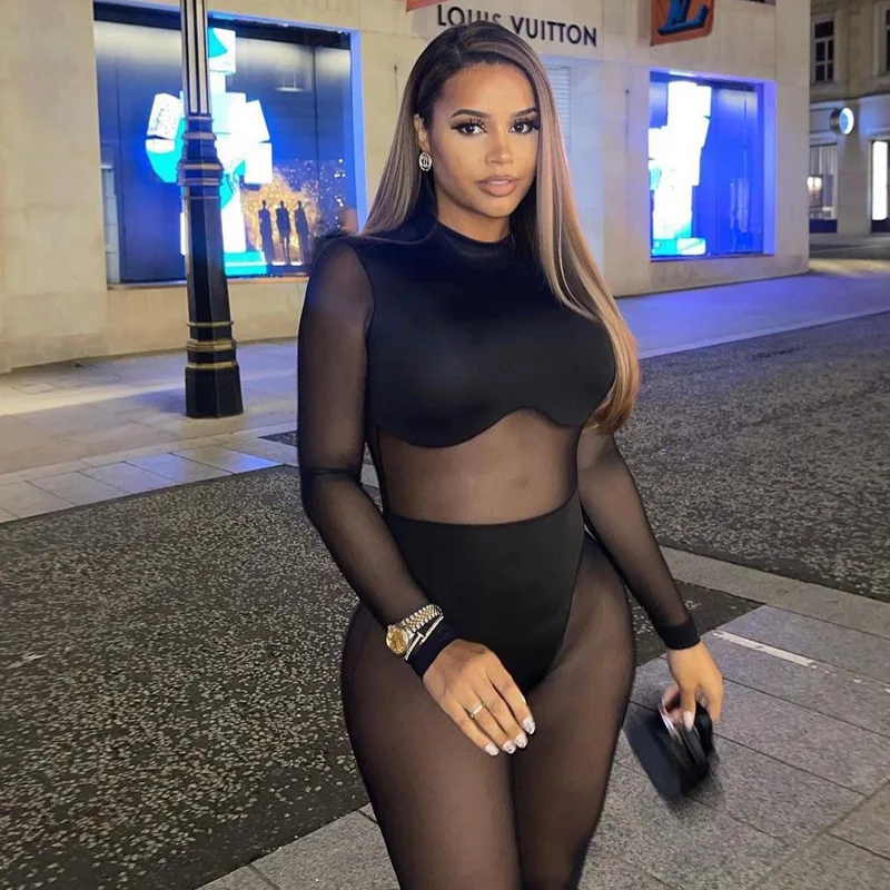 

2022 Full Sleeve One Piece Jumpsuit See Through Bodycon Women's High Waist Long Romper jumper