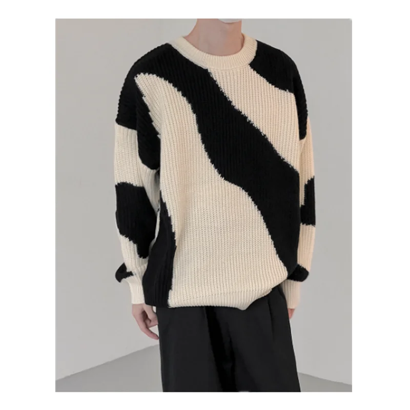 Autumn and Winter Round Neck Sweater Men's Slouchy Cow Contrast Pullover Knit Loose Casual Large Korean Autumn Top K0009