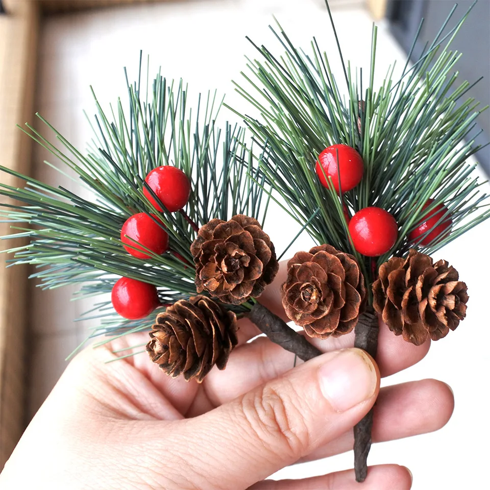 6 pigne artificiali a stelo di bacche rosse con spago fiocco
