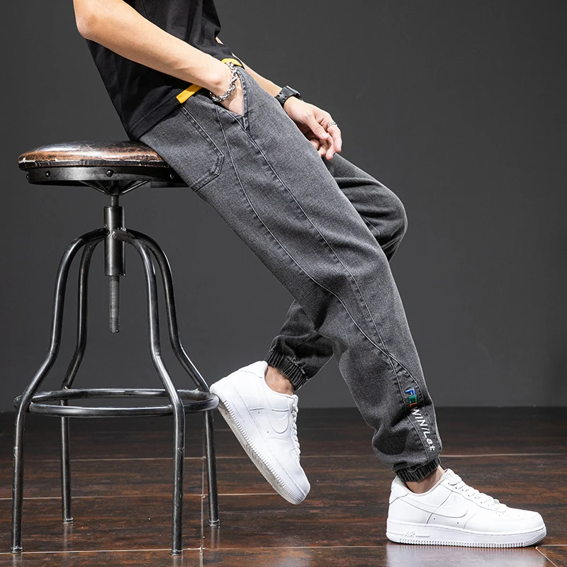 Large size elastic workwear jeans, men's ankle tied Harlan pants, wear-resistant and fat added, plus size trendy and loose 6