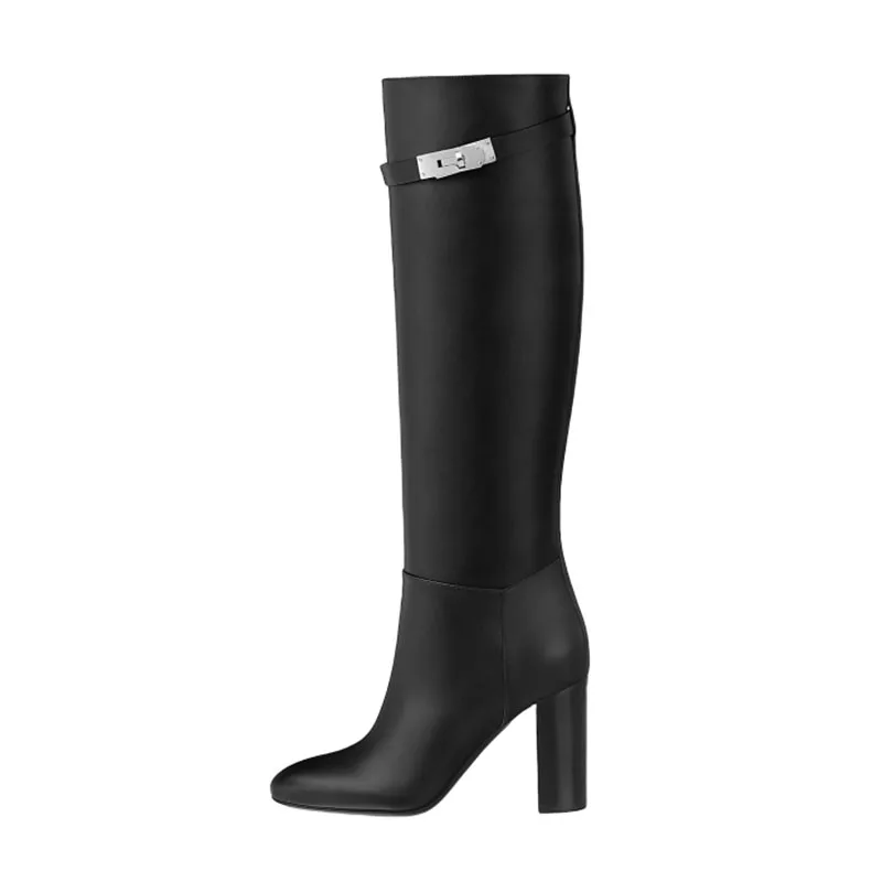 

Arden Furtado 2023 Autumn Women's Black cowhide Metal buckle Knee high boots Round toe Super high heel Side zipper Modern boots