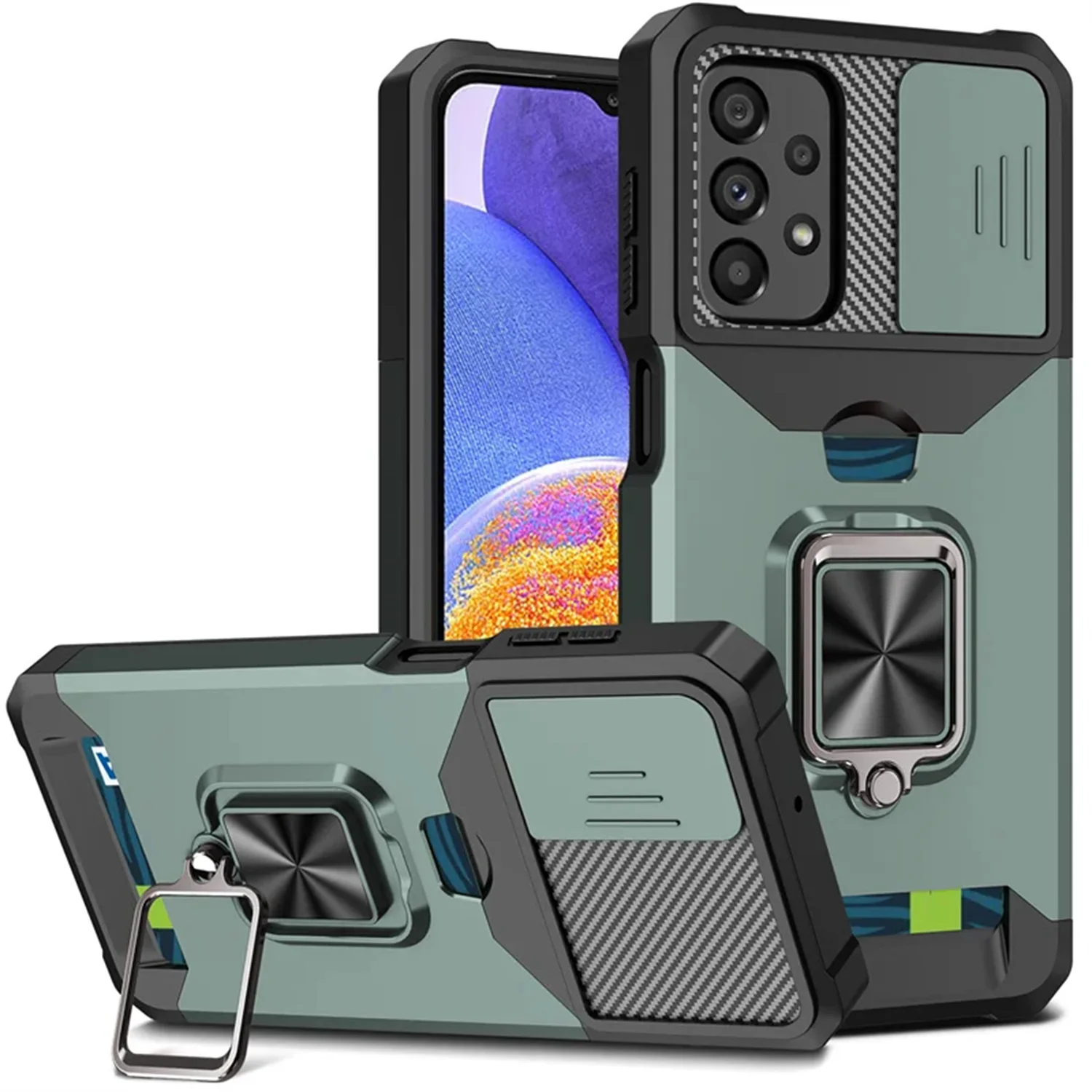Premium Card Holder Case with Ring Stand & Rotating Slide Camera Lens - Military Armor Design