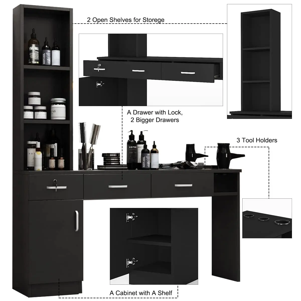 Barber Salon Station Wall Mount Hair Styling Salon Equipment Set Beauty Spa Furniture Set, Lockable Left Shelf, Mirror not 3