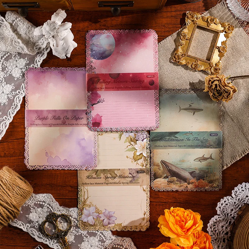 

Vintage Pattern Hollow Lace Border Material Paper Aesthetic Scrapbooking Notebooks Design Hand Account Letters Paper 10Pcs/Pack