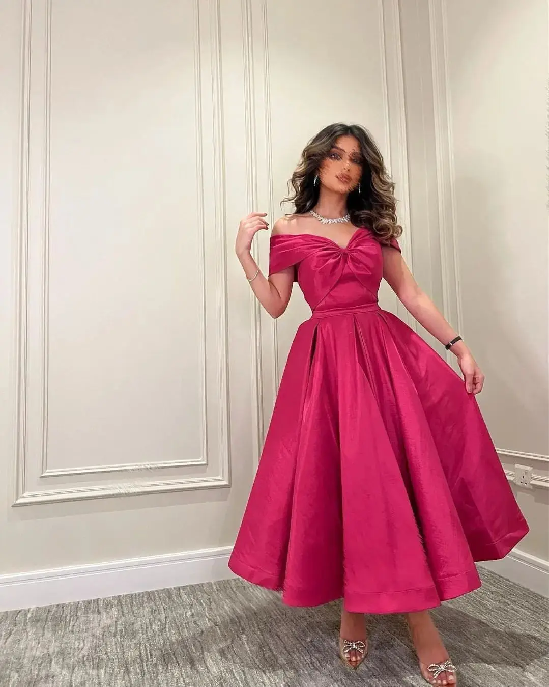 

Saudi Arabia Women's Off The Shoulder Prom Dresses Ankle Length Strapless Formal Evening Dresses Pink Luxury Dress 2023