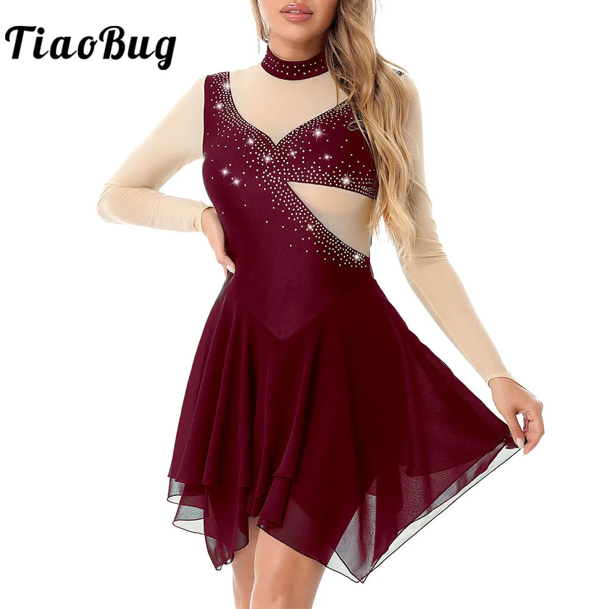 

Rhinestone Ballet Dress Women Mesh Long Sleeve Gymnastics Dance Leotard Figure Skating Dress Mock Neck Performance Dancewear