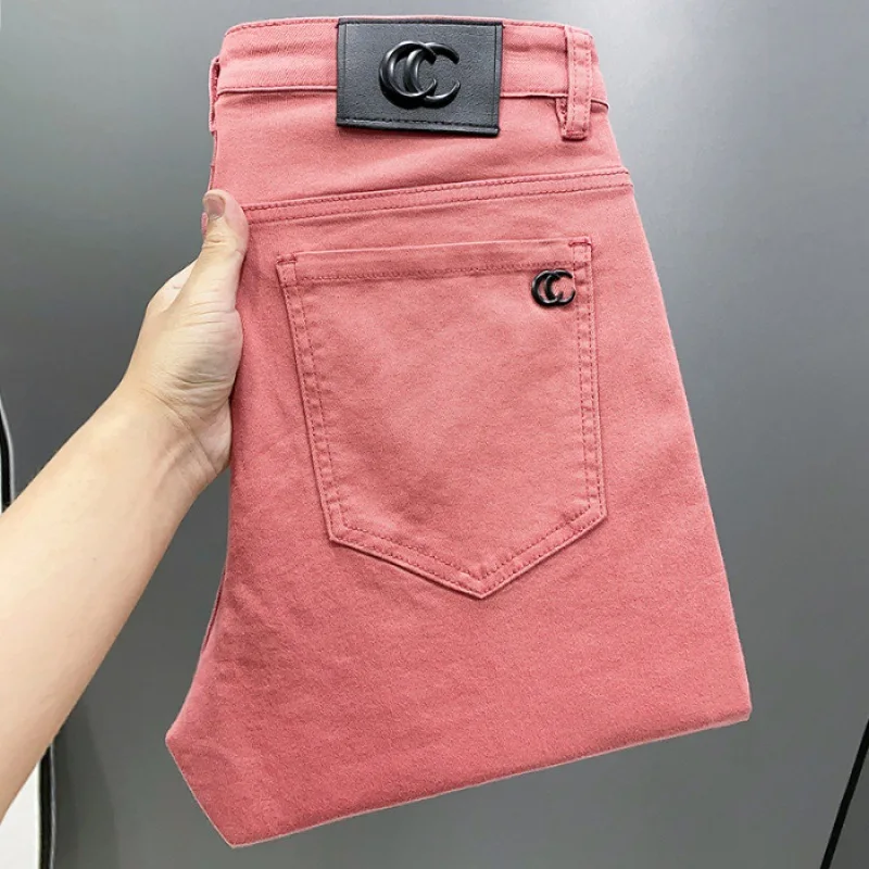 Men'S Jeans High-End Washed Designer Clothing Vintage Stretch Straight Leg Slim Cotton Pink Goods Men'S Pants