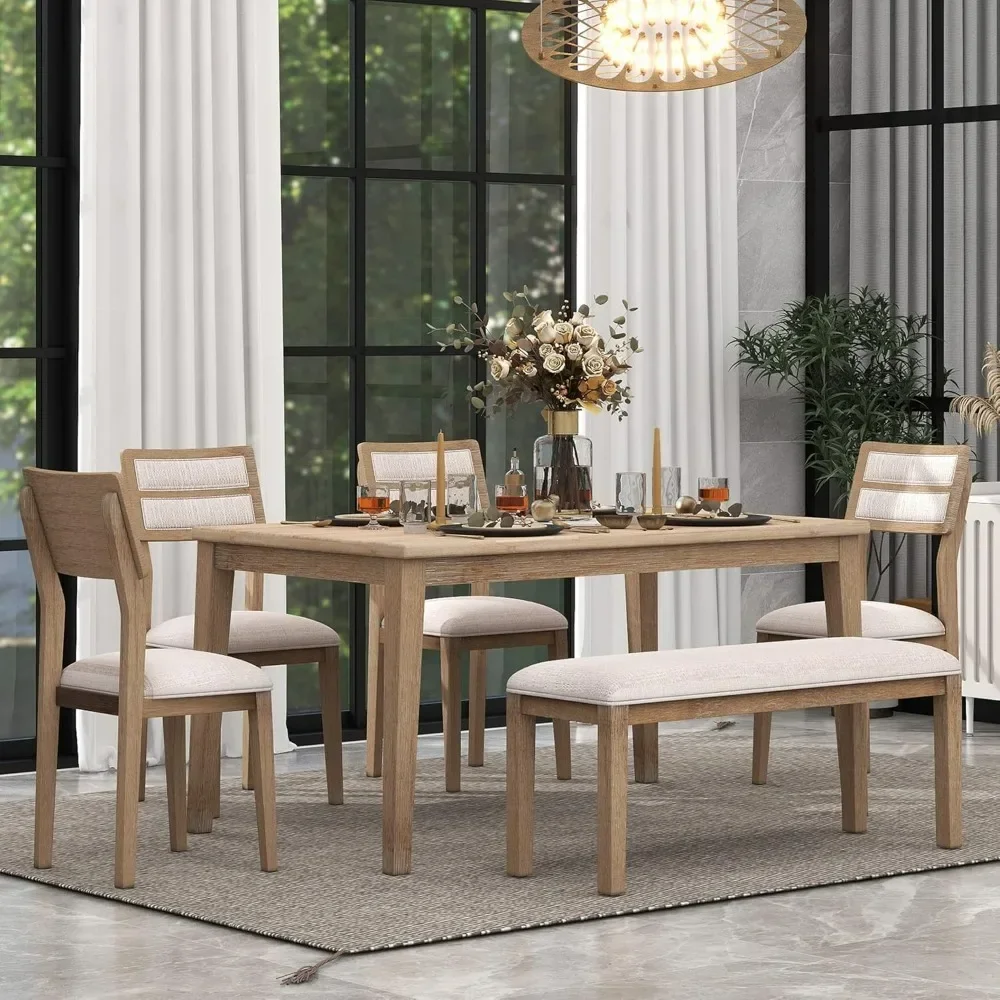 6 Piece Kitchen Dining Table Set, 60 inch Wooden Rectangular Table with 4 Upholstered Chairs and a Bench, Dining Room Set