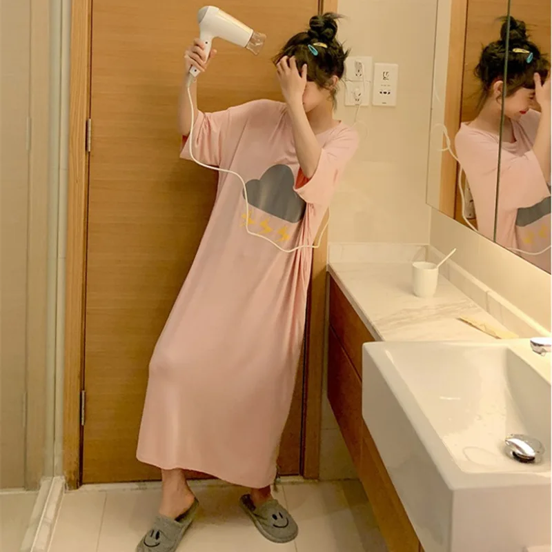 Women Nightgowns Cotton Nightdress Print Sleepdress Home Clothes Nightwear Short Sleeve Sleepwear Loose Soft O-Neck Homewear