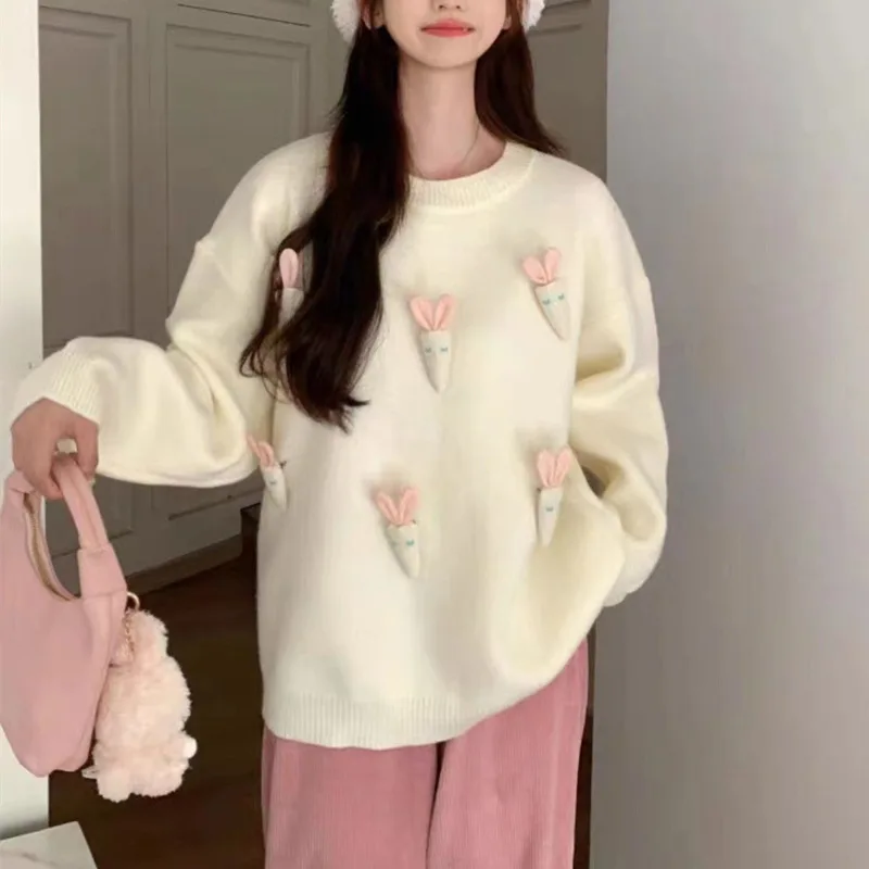 

Lazy Style Knitted Women's Sweater 2023 Autumn Winter O-neck Solid Three-dimensional Carrot Pullovers Loose Jumper Knitwear New