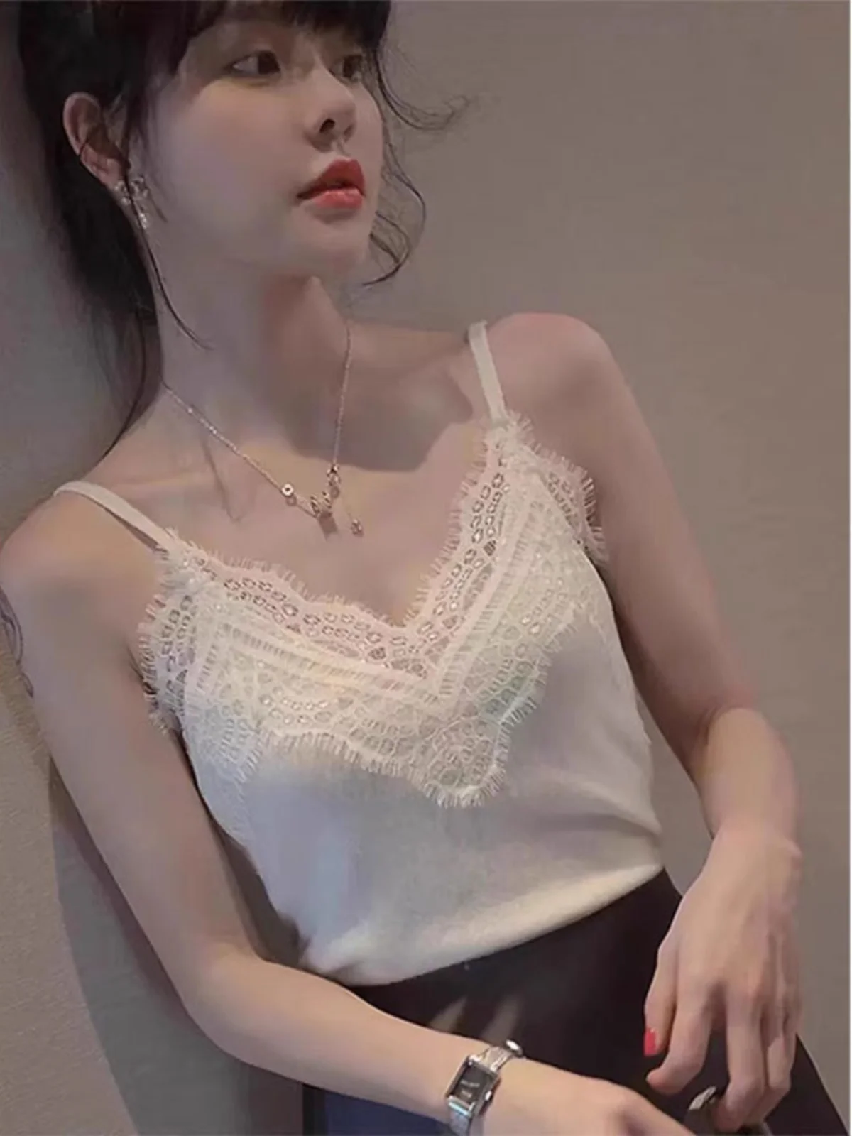 Women's Lace Trim ter Vest Ice Silk Knitted Svel Top Outerwear Suit Inner Match Beautiful Ba ort Sle Daily Wear