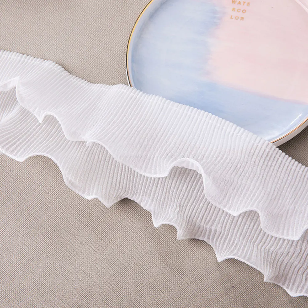Description Picture 3 of item2-Layers Wave Pleated Chiffon Lace Ruffle Trim Fabric Sewing Crafts Wedding Bridal Dress Embellishment Party Clothes Decoration