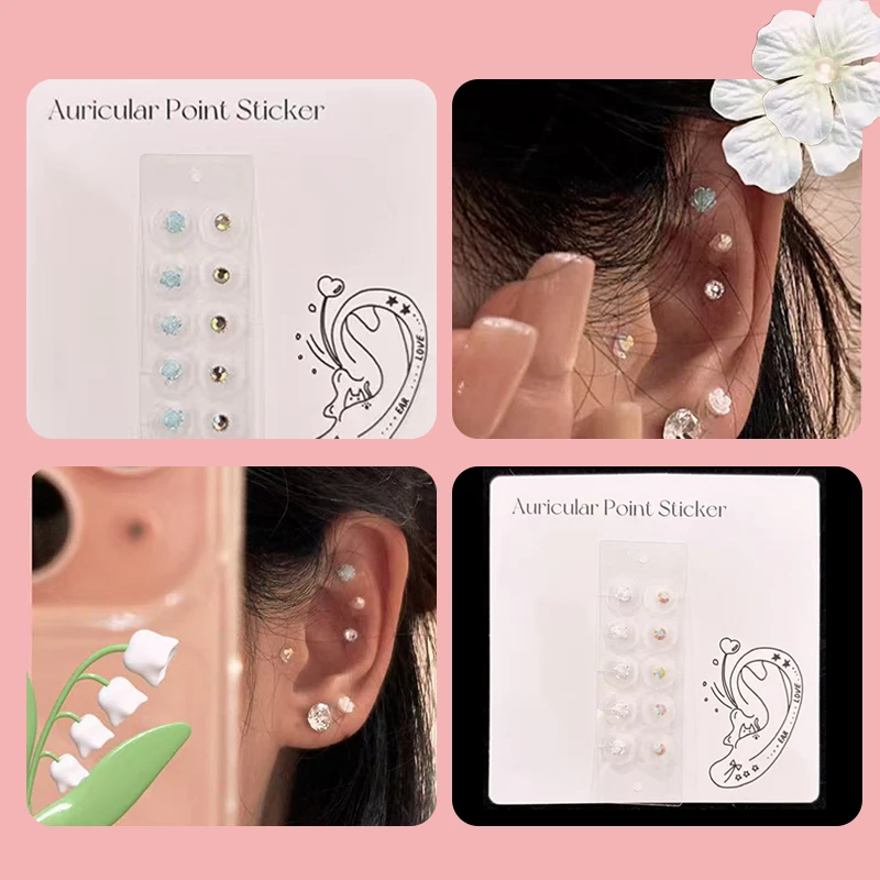 10 Patch Fashion Colorful Rose Round Rhinestone Ear Point Stickers Ear Pressure Stick Acupuncture Auricular Ear Stickers Massage