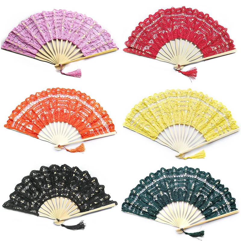 14 Color Embroidery Chinese Dance Hand Fan Party Wedding Prom Bamboo Hand Folding Lace Fabric Retro Craft Gift Fan Home Decor Folding Fan Hand Fan