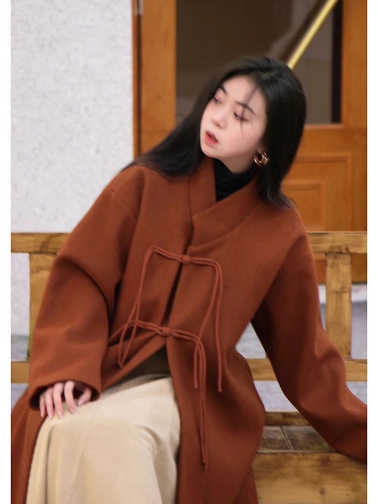 

Winter National Style Long-Cut Coat Han Elements New Chinese Style Caramel Buckle Stand Collar Woolen Coat Women's Clothing