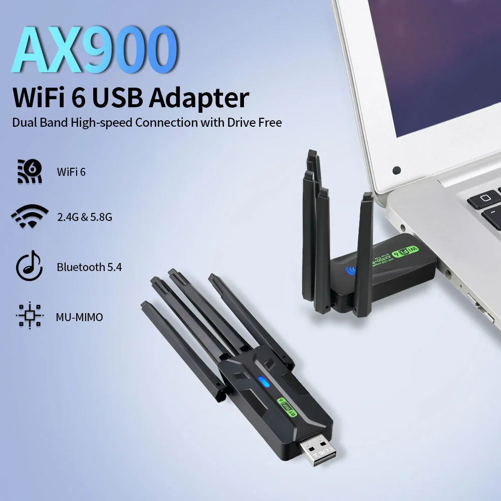 WiFi 6 AX900 USB 어댑터 블루투스 5.4 듀얼 밴드 2.4G 5G 4 안테나 WiFi6 USB 네트워크 리시버 동글 드라이버 프리 윈도우 10/11