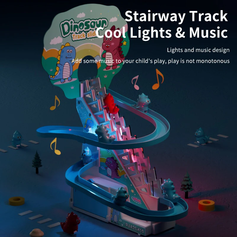 Electric Driving Toy Climbing Stairs Track Toys Electric Duck DIY Rail Racing Track Roller Coaster Toys Set Light Music Educational Toy For Kids Gift