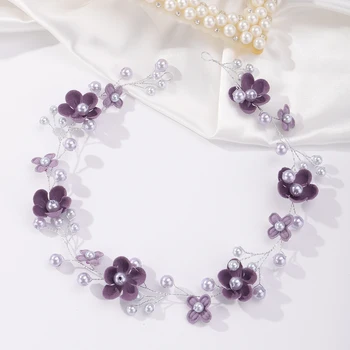 Trendy Purple Flower Pearl Bridal Headband Handmade Wedding Party Hair Jewelry Accessories for Women Headdress Bridesmaid Tiaras