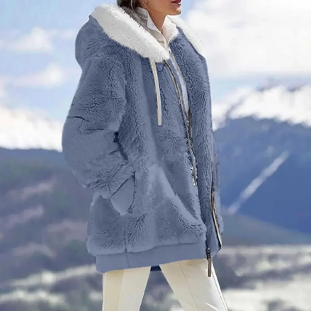 Women Jacket Cozy Hooded Plush Winter Coat for Women Windproof Zipper Closure Jacket with Side Pockets Stylish for Weather 3