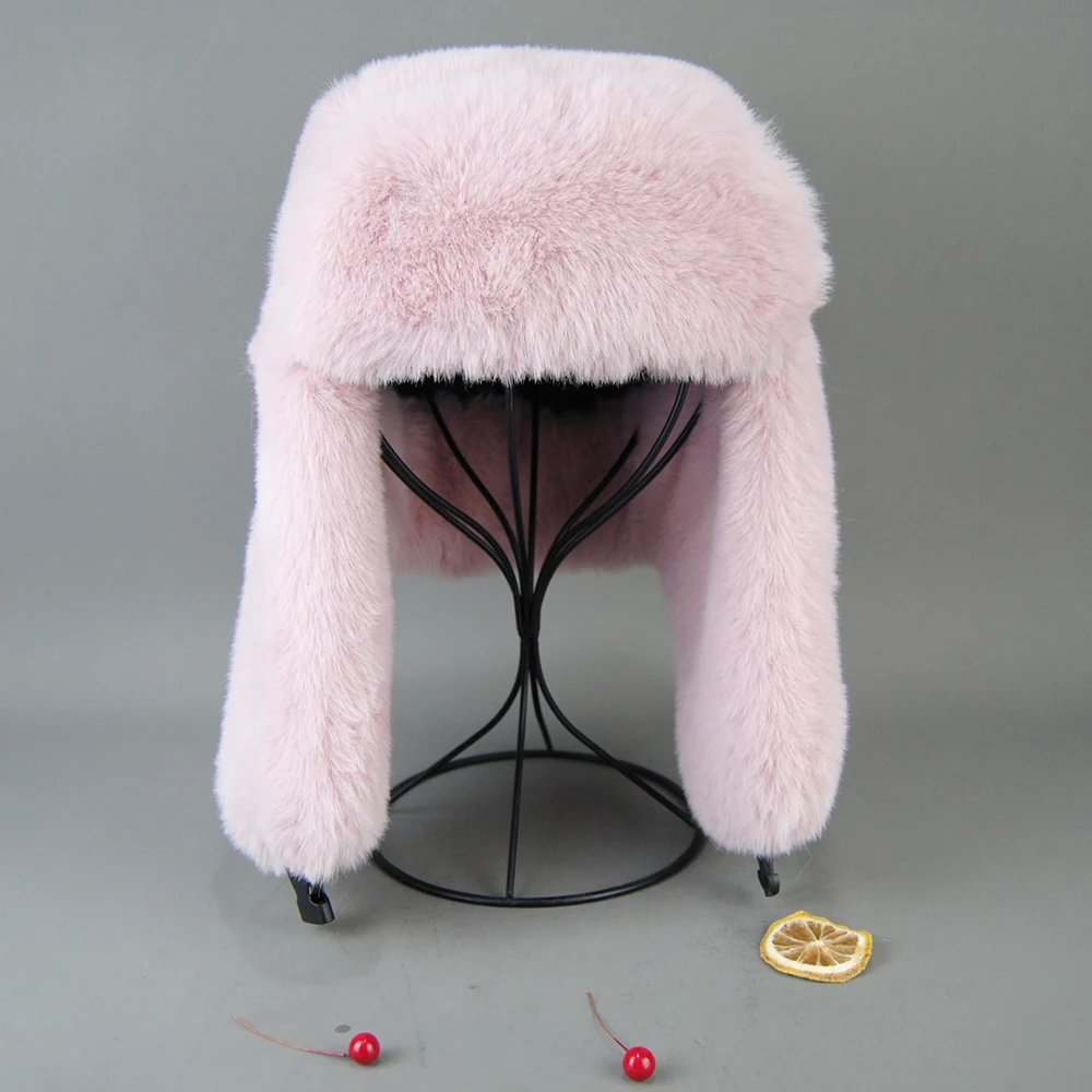 2025 Winter Russian Man Woman White Skin False Rex Rabbit Fur Hats Luxury False Rex Rabbit Fur Cap Unisex False Fur Bomber Hat 4