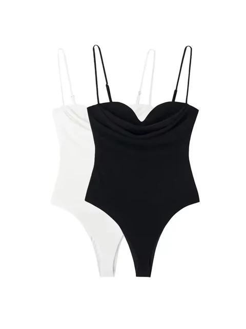 Women Sexy Fashion With Sweetheart Neck Draped Bodysuits Backless Zipper Thin Straps Female Playsuits Mujer