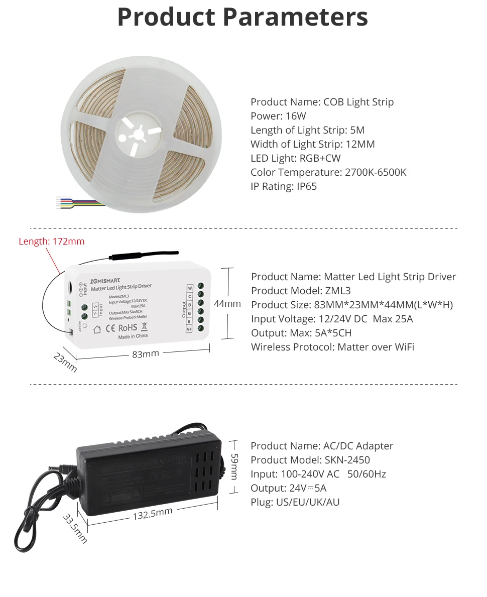 Matter LED Light Strip Driver COB RGBCCT 16W High Density Flexible Tape IP65 Wor