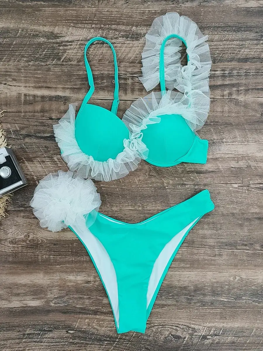 

Новый сексуальный кружевной комплект бикини с открытой спиной и цветами, женское бикини с оборками, женская пляжная одежда на бретельках, лето 2024, трендовая Праздничная женская одежда