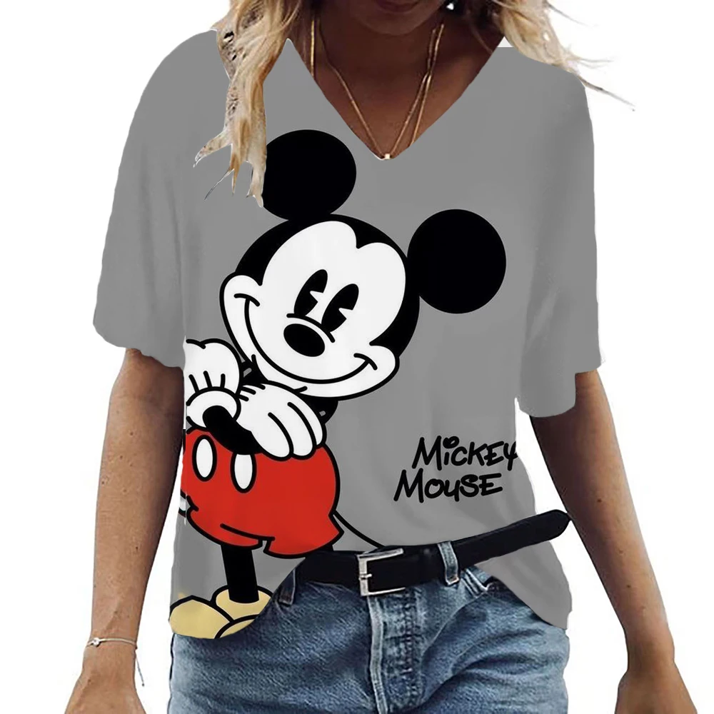 Disney Women's T-shirt 2024 Summer New Beach Style V-neck T-shirt Short Sleeved T-shirt Mickey Y2k Hot Selling 3