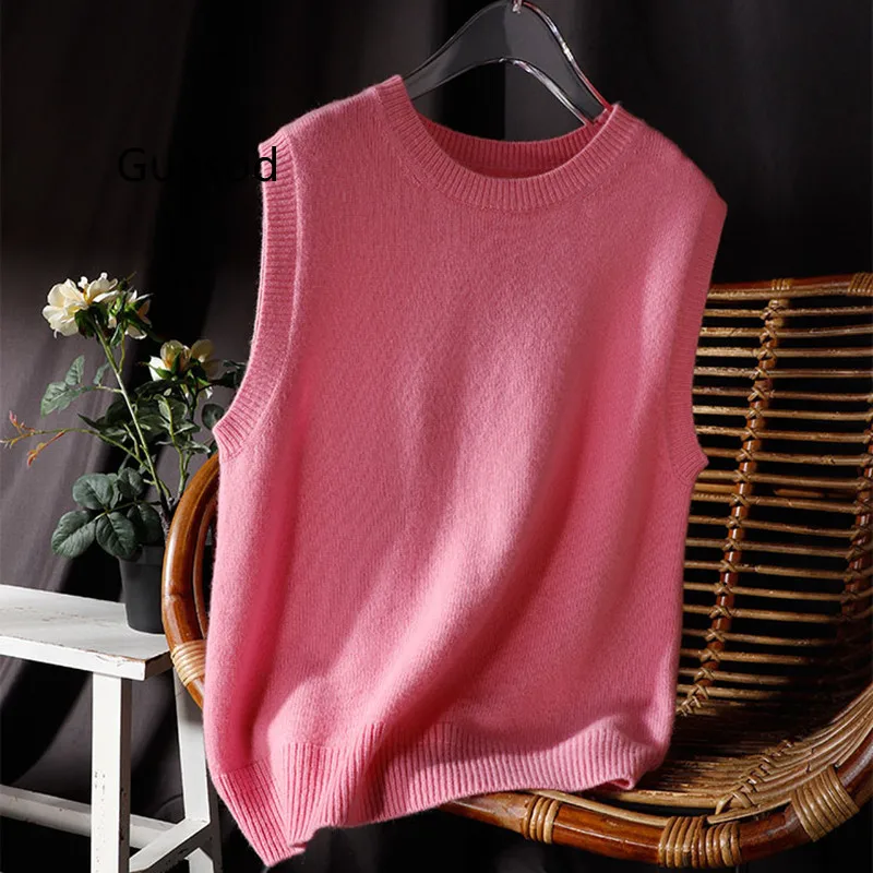 

Women Cashmere Vest All Match Goat Cashmere Tank Top Female 2023 Autumn Winter Sleeveless Sweater O-Neck Knitting Top Tank New