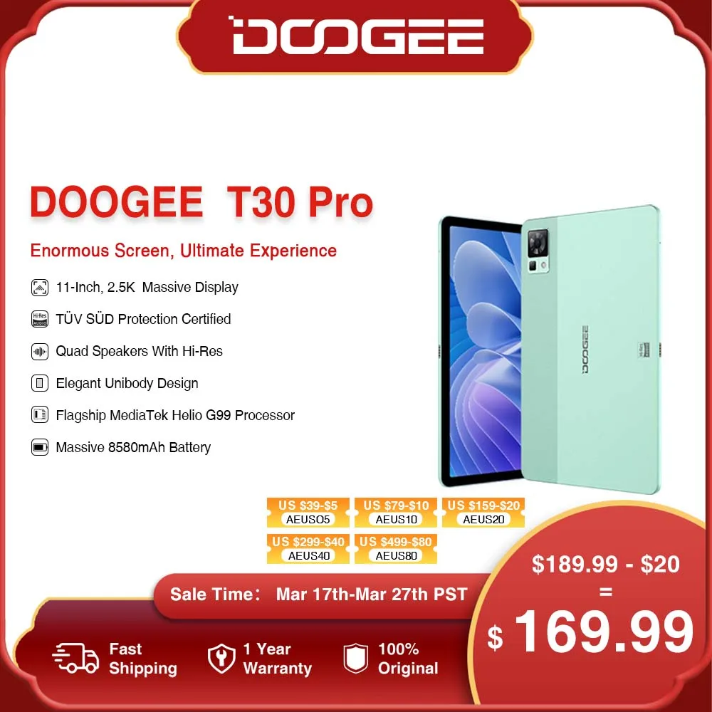 Мировая премьера планшета DOOGEE T30 Pro Helio G99 11 '2.5K TÜV Сертификация 8GB + 256GB 8580mAh 20MP Главная камера Android 13 Tablet doogee t30 pro tablet helio g99 11inch 2 5k display tüv certified 8gb 256gb 8580mah 20mp main camera hi res quad speakers tablet