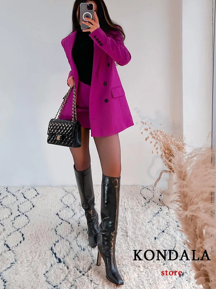 

KONDALA 2022 Office Lady Solid Purple Long Blazer Women Long Sleeve Double Breasted V Neck Vintage Jackets Female Bussiness