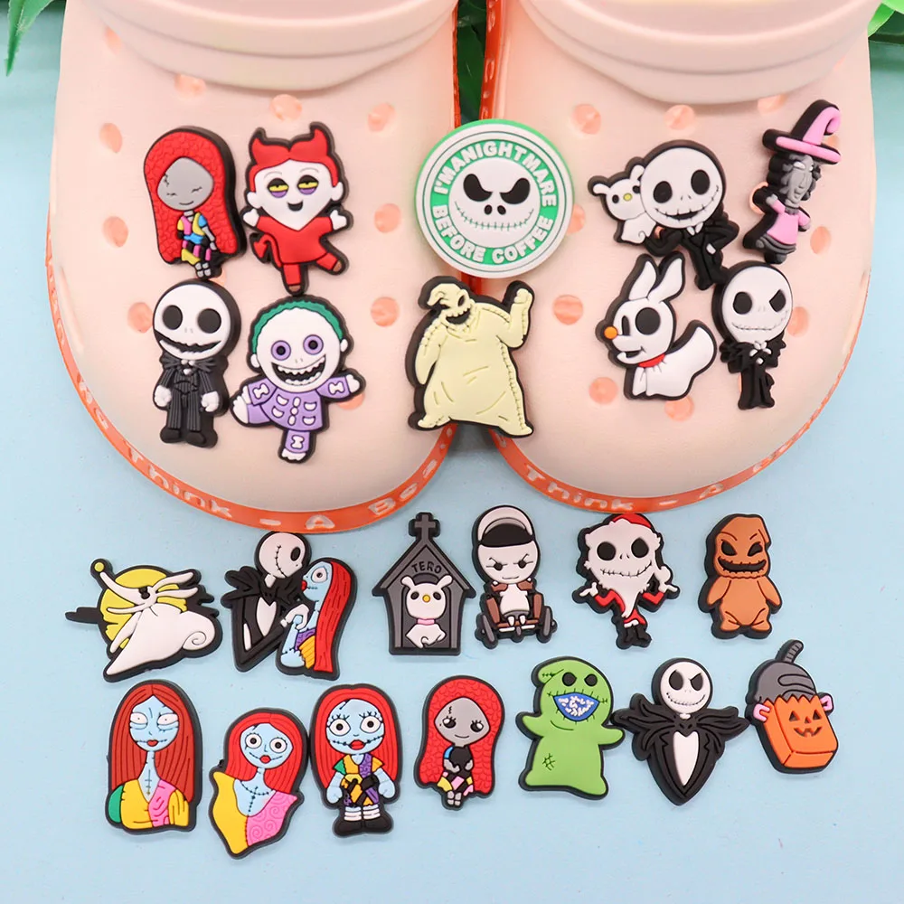 1-23Pcs PVC The Nightmare Before Christmas Jack Sally DIY Croc Jibz Shoe  Button Charms Adult Buckle Clog Accessories X-mas Gift