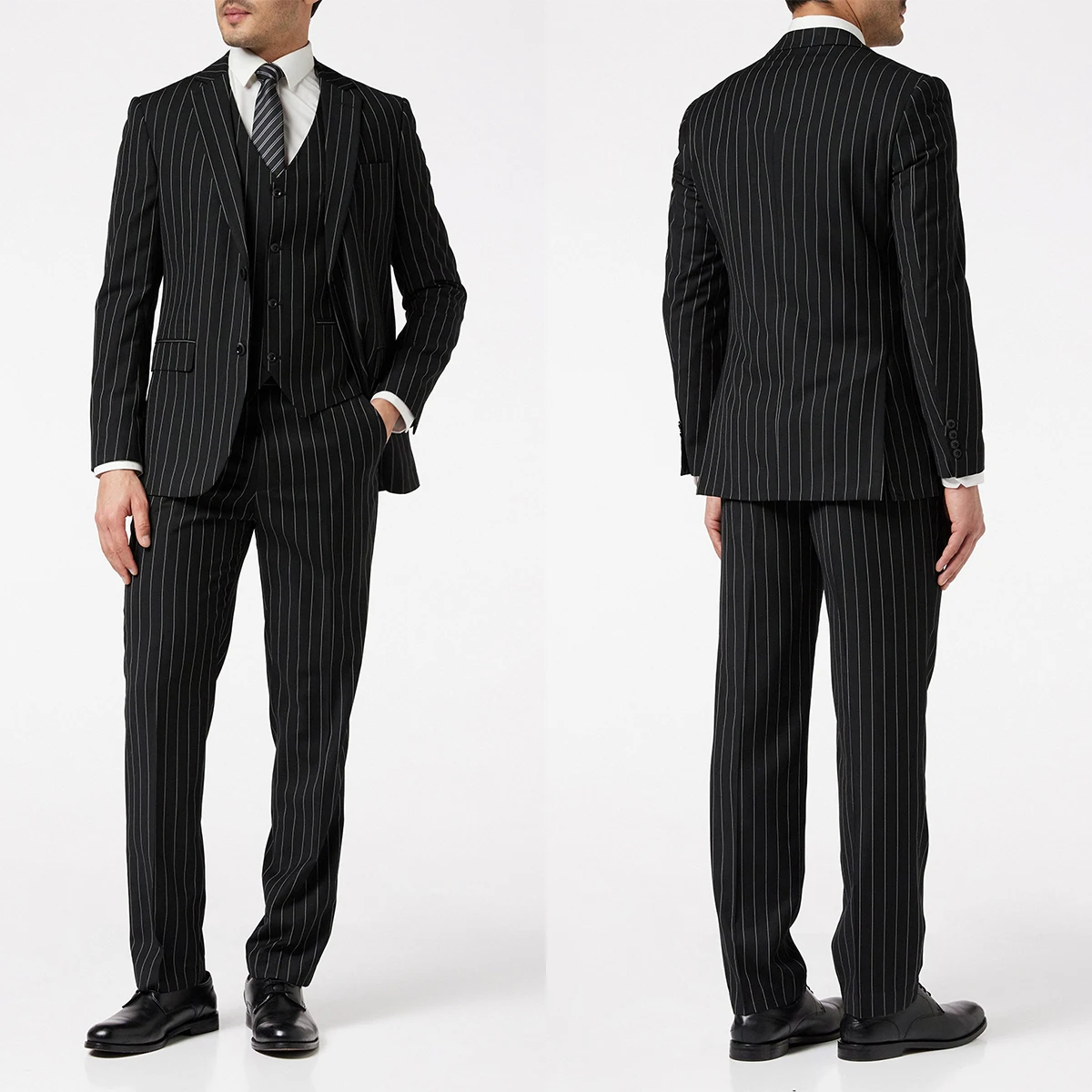 Pinstriped Men's Wedding Suits Slim Fit Tuxedos 3 Pieces Notch Lapel Groom Wear Business Jacket with Pants Vest Made