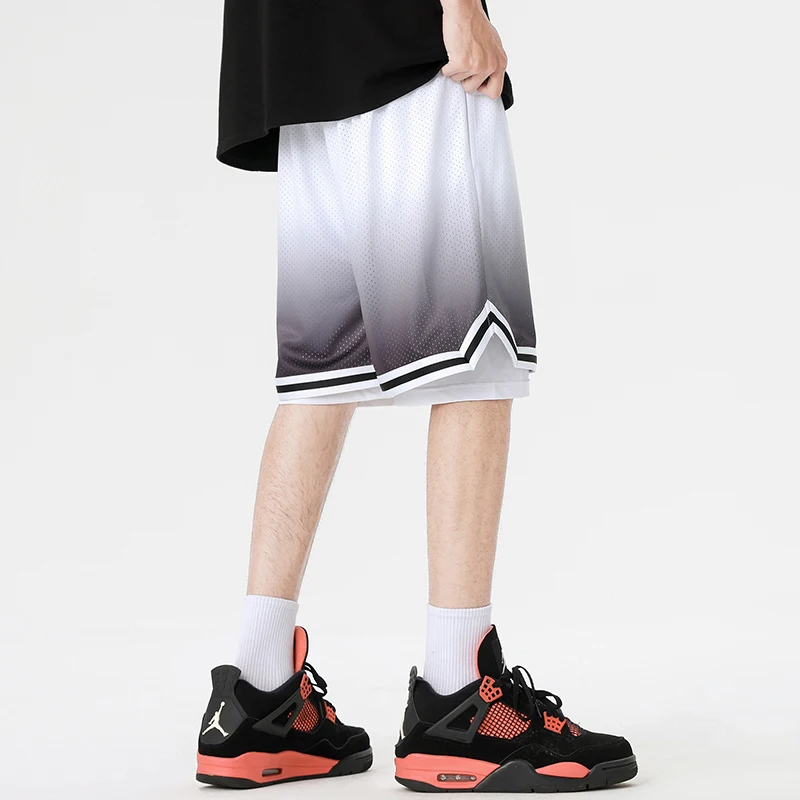 Fashion Elastic Spliced Gradient Fake Two Pieces Casual Shorts Men's Clothing 2024 Summer Loose High Waist Knee Sports Shorts