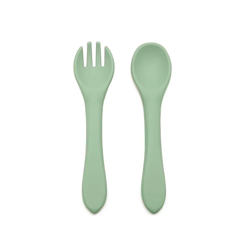 2PCS Food Grade Silicone Baby Spoon Fork Children Silicone Tableware Spoon Baby Food Supplement Fork Spoon Set Baby Tableware 4