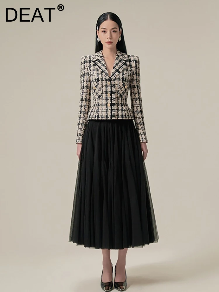 

DEAT Women's 2 Pcs Set Notched Collar Single Breasted Plaid Blazer Elastic Waist Gauze Skirt Suit Autumn 2023 New 13DB3396