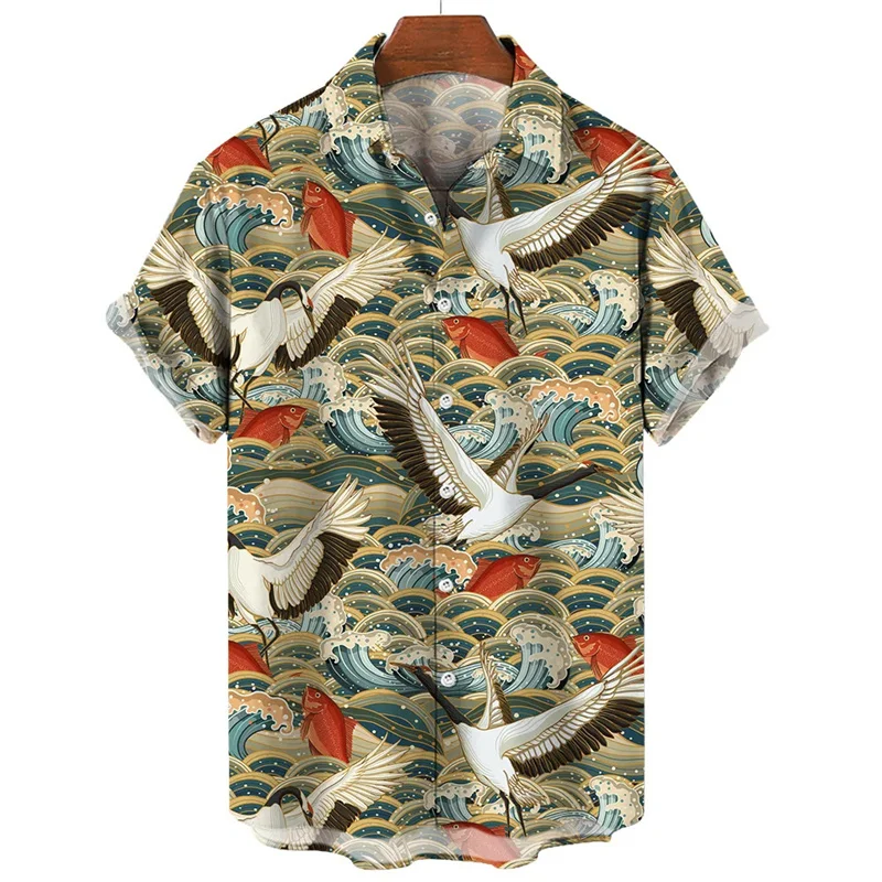Retro Animal Hawaiian Shirt Men 3d Crane Print Short Sleeved Loose Casual Oversized Shirts Street Harajuku Tops Button Blouse 3