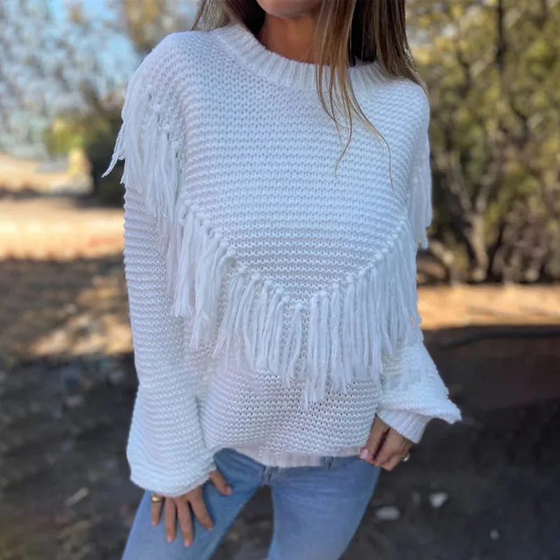 

Fall Winter Fringe Knitted Round Neck Warm Sweaters for Women Pullovers Long Sleeve Jumpers Solid Basical Loose Sweater Tops New