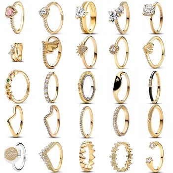 2025 Hot Selling Wholesale Gold Color Sun Heart Bow Size 6 7 8 9 Ring Rings For Trenday Women Jewelry 925 Sterling Silver 1