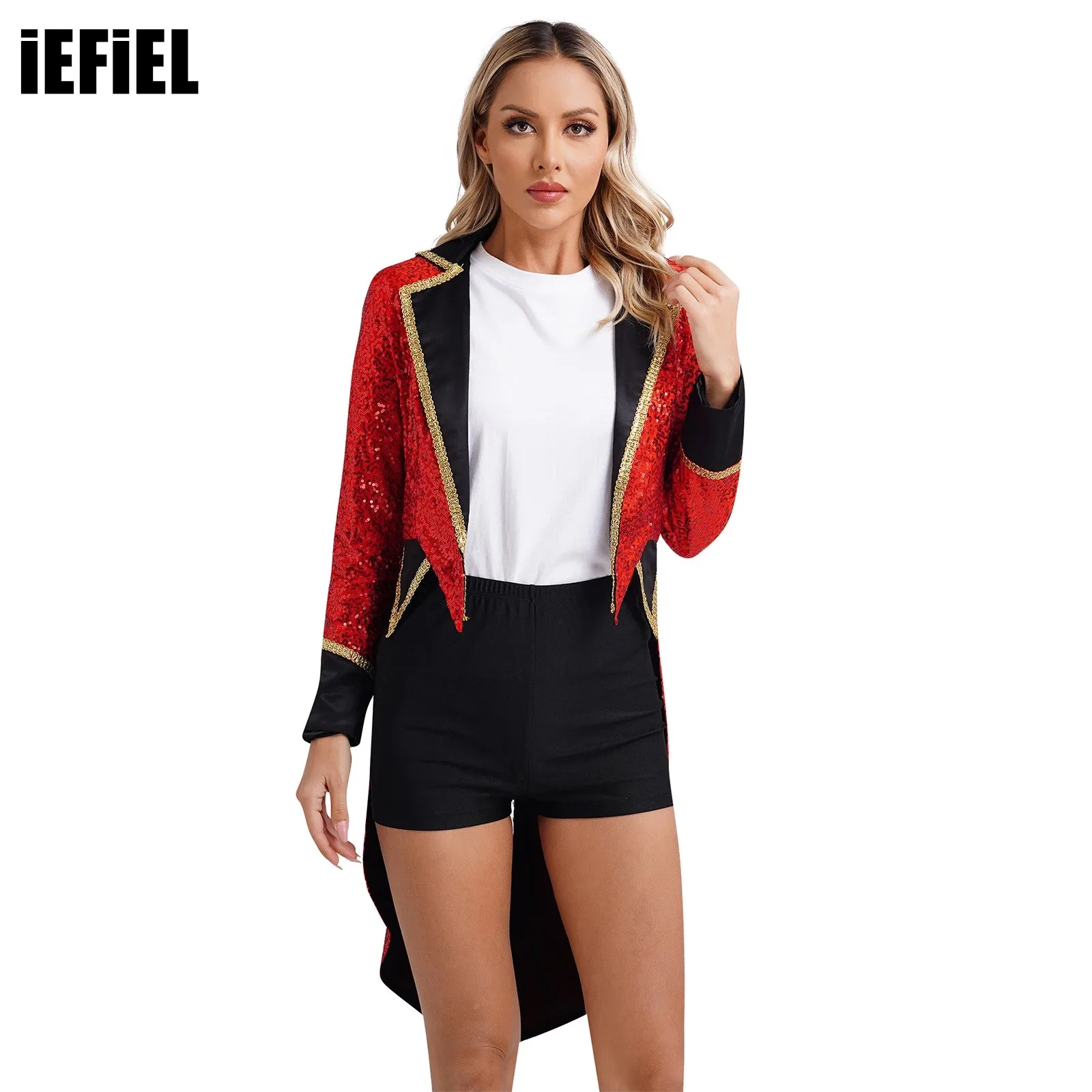 

Womens Halloween Circus Sequin Tailcoat Notch Lapel Long Sleeve Open Front Tuxedo Outerwear Ringmaster Magician Costumes