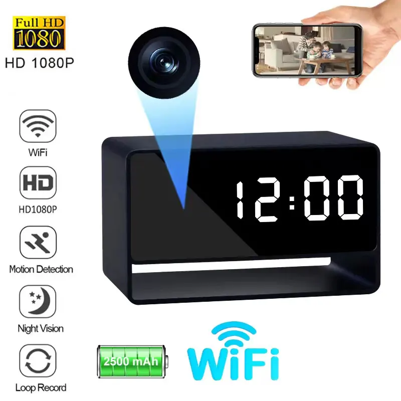 

Цифровые часы-камеры Full HD с функцией ночного видения, App, Wi-Fi, удаленный мониторинг движения, автоматическая циклическая запись, Домашняя мини-видеокамера