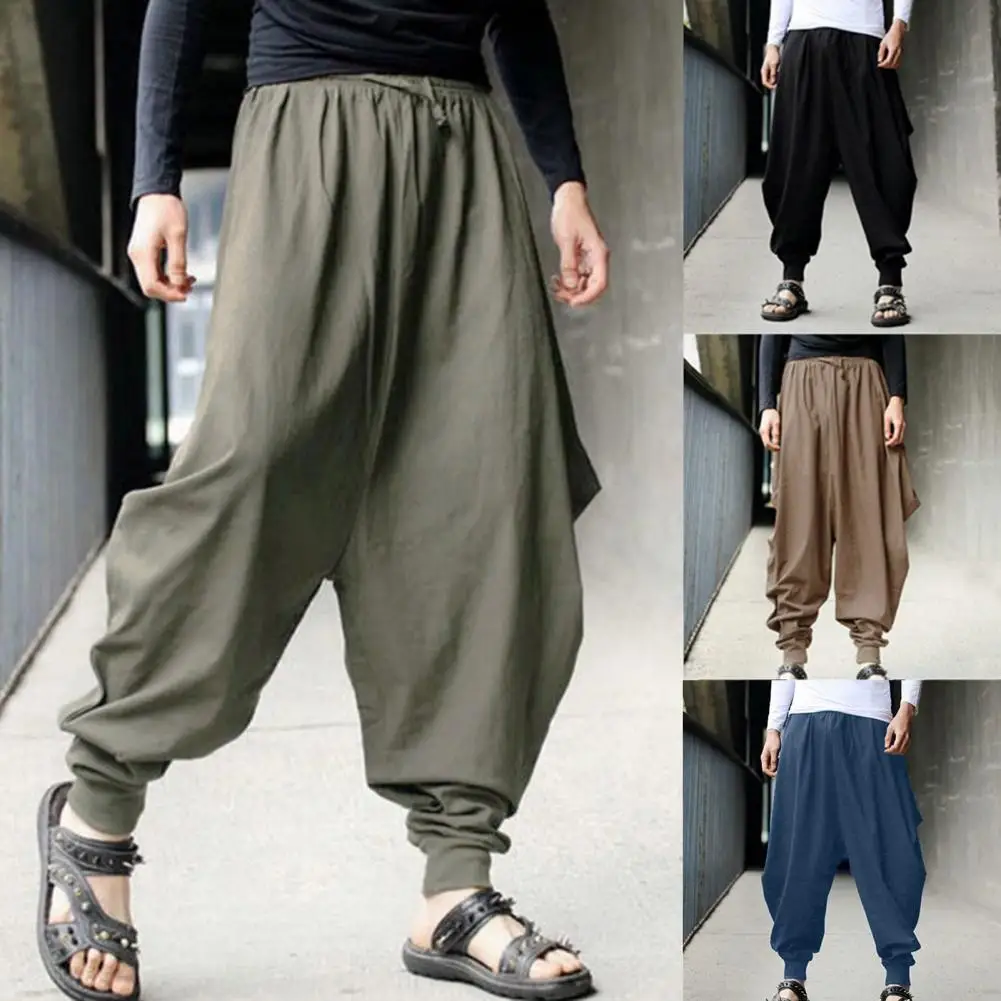 Simple Elastic Waist Vintage Sweatpants Solid Color Adjustable Drawstring Casual Pants Harem Pants Shrinkable Cuffs